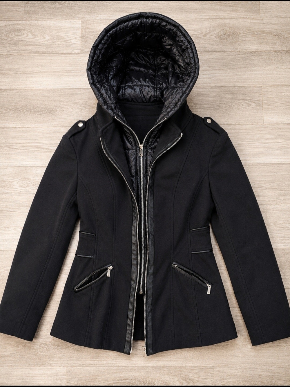 French Connection ~ Black Hooded Utility Jacket Faux Leather Trim Size Small